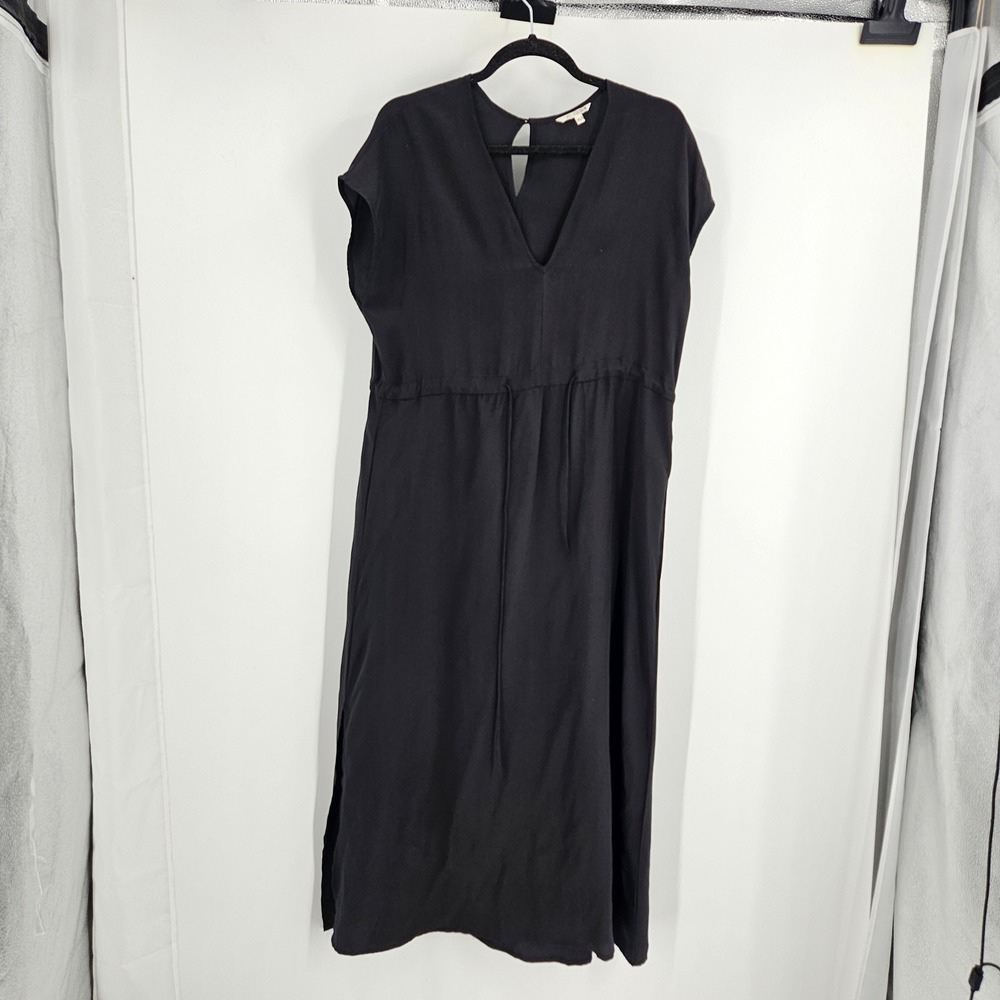 ALI GOLDEN Midi Dress Black Silk V Neck Gathered Waist Lagenlook Side Slits XS/S